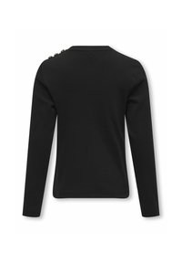 Haut noir à manches longues avec une texture côtelée et un col rond. Présente des boutons décoratifs sur l'épaule gauche.