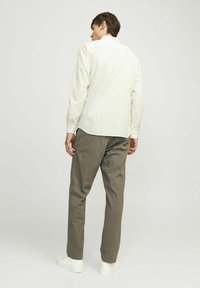 Lysstribet skjorte med krave, parret med olivengrønne chinos og hvide sneakers. Outfitet har en afslappet pasform og glatte teksturer.