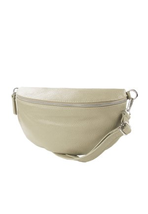 Lichtgroene leren schoudertas met een ronde vorm, ritssluiting en verstelbare strap, met een gestructureerd oppervlak.