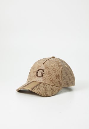 Boné castanho com um tecido texturizado e padrão, um logo 'G' em destaque na frente e um detalhe listrado na aba.