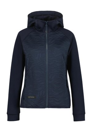 Felpa con cappuccio blu navy con cerniera, pannello anteriore testurizzato, maniche lunghe, tasche laterali con cerniera e cappuccio.