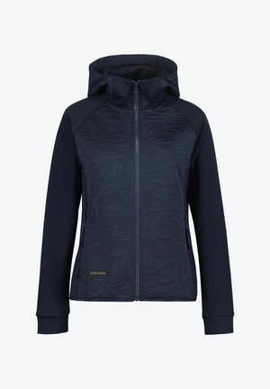 Felpa con cappuccio blu navy con cerniera, pannello anteriore testurizzato, maniche lunghe, tasche laterali con cerniera e cappuccio.