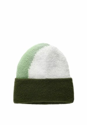 Neulottu pipo vaaleanvihreänä, valkoisena ja tummanvihreänä. Siinä on ribbikuvio ja taitettu reunus pohjassa.