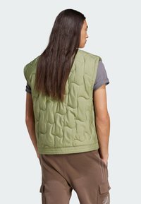 Olivno zelen brezrokavnik s prešito zasnovo, okroglimi ramenskimi šivi in gladko teksturo, oblečen čez siv kratkolisni srajc.