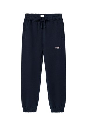 Marineblaue Jogginghose mit elastischem Bund und Bündchen, Seitentaschen, Kordelzug und kleinem hellrosa Logo am oberen linken Bein.