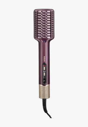 Elektrische Haarglättbürste mit rechteckigem Borstenkopf, Steuerknöpfen, Netzschalter und am Griffansatz befestigtem Netzkabel.
