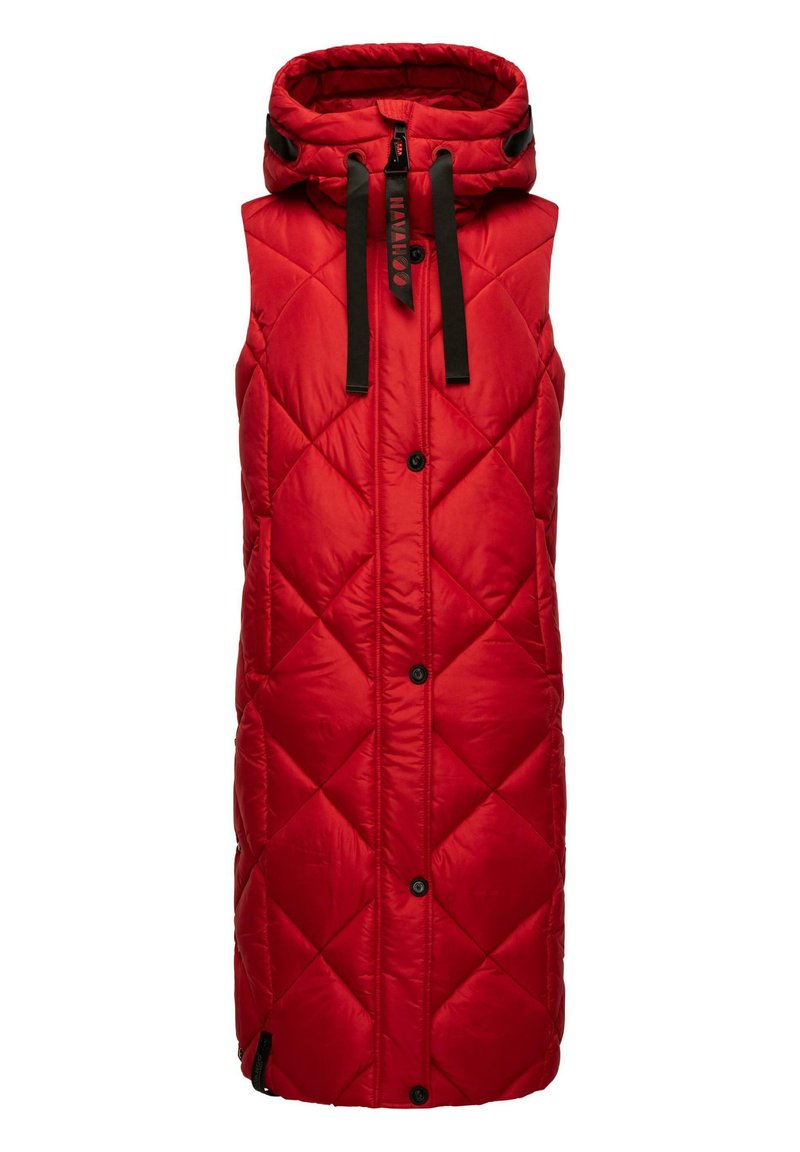 Röd, vadderad ärmlös puffer-väst med huva, prydd med svarta dragsnören och knappar. Slät textur med diamantram i hela designen.
