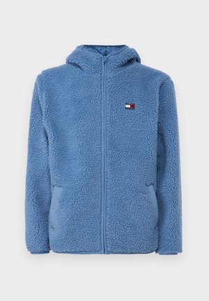 Casaco de polar azul claro com fecho zip, capuz e dois bolsos laterais. Apresenta um pequeno emblema no lado superior esquerdo do peito. Acabamento texturizado.