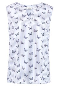 Ärmlös blus med V-ringning, prydd med blå och vita vertikala ränder. Dekorerad med färgglada fjärilsmotiv över hela.