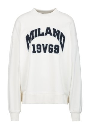 Weißes Sweatshirt mit langen Ärmeln, vorne mit schwarzem "MILANO"-Text in Bogenform über "19V69" und mit gerippten Bündchen und Saum.