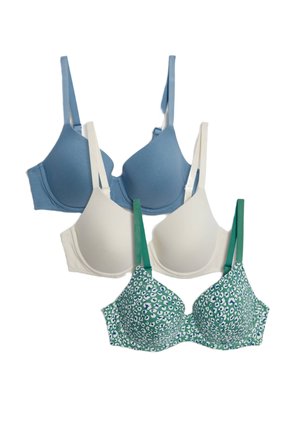 Drei BHs in Blau, Weiß und einem grünen Leopardenmuster. Glattes Material, Unterbruststütze, verstellbare Träger und vorgeformte Cups.