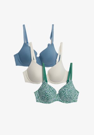 Trzy biustonosze w kolorach niebieskim, białym i zielonym w groszki zebrze. Gładki materiał, wsparcie z fiszbinami, regulowane ramiączka i formowane miseczki.