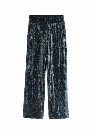 Pailletten-Hose mit weitem Bein in Dunkelblau und Schwarz, mit einer strukturierten Oberfläche aus glänzenden, vertikalen Pailletten und einem elastischen Bund.