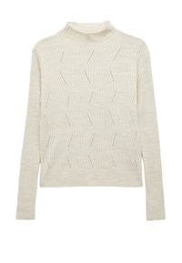 Lichtbeige gebreide trui met een hoge kraag, voorzien van een ribbelstructuur en diamanten patronen door het gehele stuk. Lange mouwen en een cropped pasvorm.