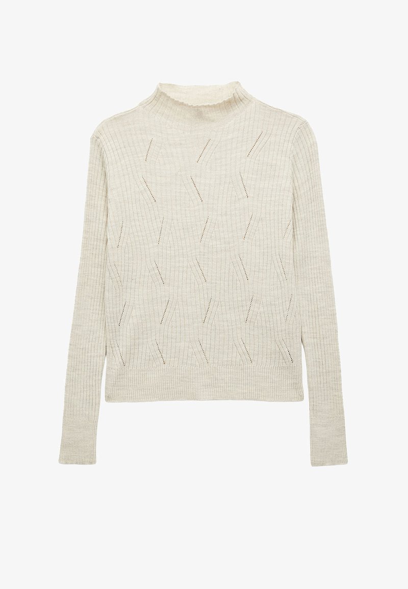 Hellbeige gestrickter Pullover mit hohem Kragen, mit geripptem Muster und durchgehenden Rautenmuster. Lange Ärmel und cropped Schnitt.