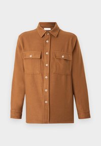 Καφέ μπουφάν με κουμπιά, κατασκευασμένο από μαλακό ύφασμα. Διαθέτει δύο τσέπες στο στήθος και γιακά. Μακριά μανίκια με ευθεία γραμμή.