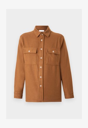 Brun, knappet jakke lavet af blødt stof. Har to brystlommer og en krave. Lange ærmer med en lige skæring.