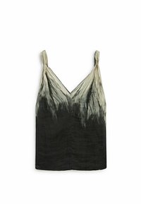 Sort og creme gradient silke top med V-hals, prydet med snoede stropper og en blød, svævende tekstur.