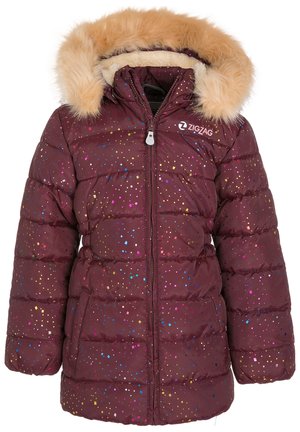 Doudoune bordeaux pour enfant avec des points multicolores comme des confettis, fermeture éclair à l'avant, capuche bordée de fourrure et logo "ZIGZAG" sur la poitrine.