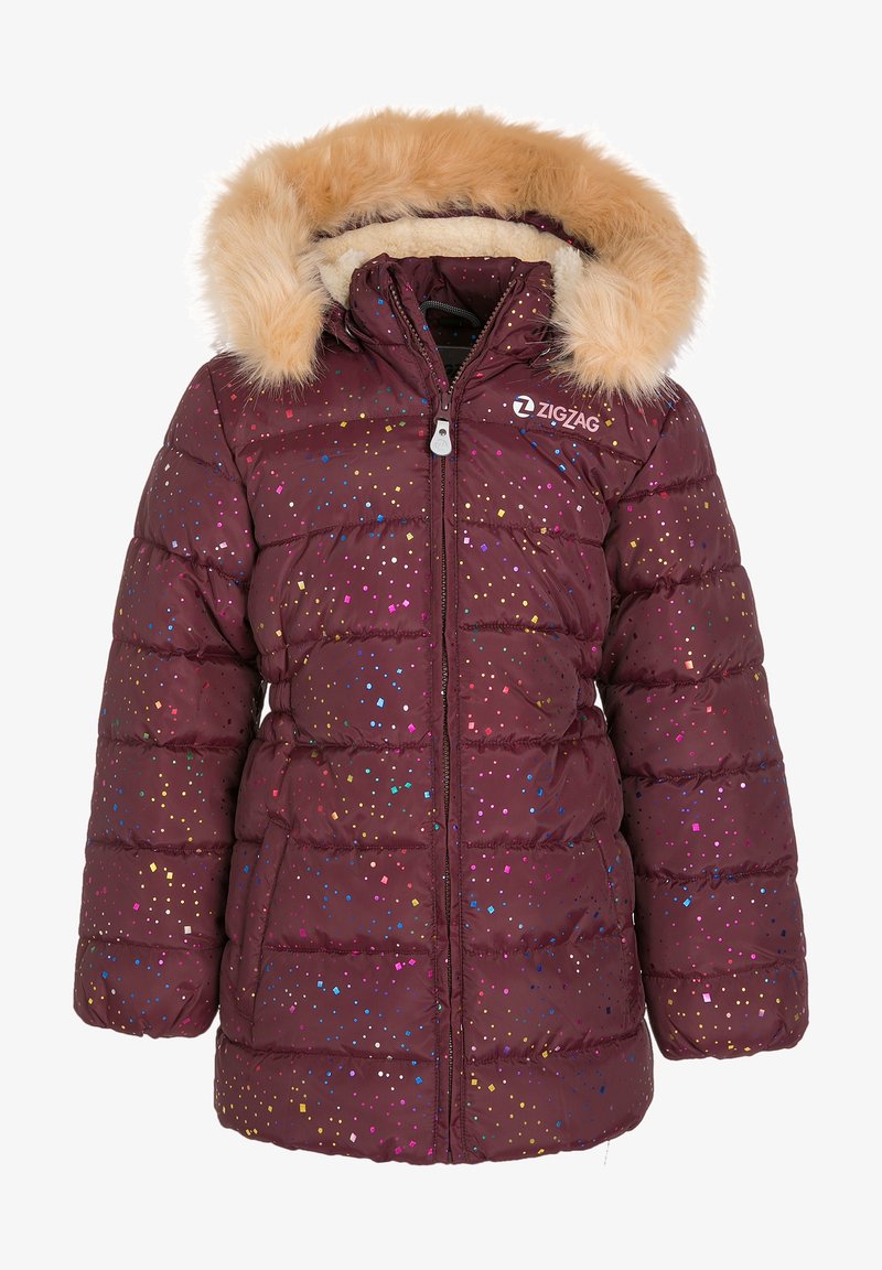 Doudoune bordeaux pour enfant avec des points multicolores comme des confettis, fermeture éclair à l'avant, capuche bordée de fourrure et logo "ZIGZAG" sur la poitrine.