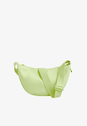 Light green shoulder bag with a curved design. Made from soft material, features an adjustable strap and a small logo on the front.