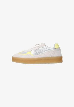 Suede sneaker with a light pink upper, silver accents, yellow detailing, a rounded toe, and a translucent gum sole.