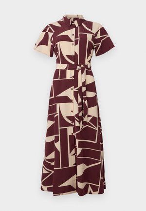 Burgundi ja beež mustritsärk kleit lühikeste varrukatega, krae, nööpide ees ja vööga, kus on geomeetrilised kujundid ja jooned.