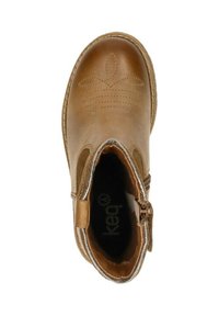 Brown leather ankle boot with embossed design, side zipper, and contrast stitching. Interior features black lining with brand logo.