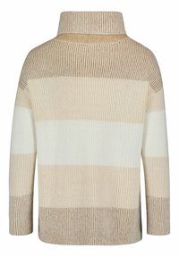 Beige- und cremefarbener gestreifter Pullover mit hohem Kragen, der eine gerippte Textur und lange Ärmel aufweist, mit abwechselnden Farbbanden.