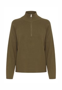 Maglione a maniche lunghe color verde oliva in maglia con colletto alto e una breve cerniera argentata al centro davanti.