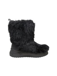 Bottes noires à doublure en fourrure avec une texture douce, hauteur mi-mollet, semelle en caoutchouc robuste et une languette en boucle à l'arrière pour un enfilage facile.