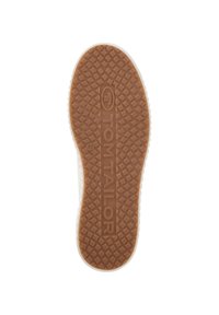Hnědá gumová podrážka boty s texturovaným vzorem. Obsahuje vyražené logo "TOM TAILOR" a velikost "40".