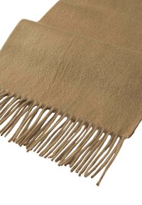 Sciarpa di lana di colore marrone chiaro con una texture morbida, con estremità frangiate e un design elegante.