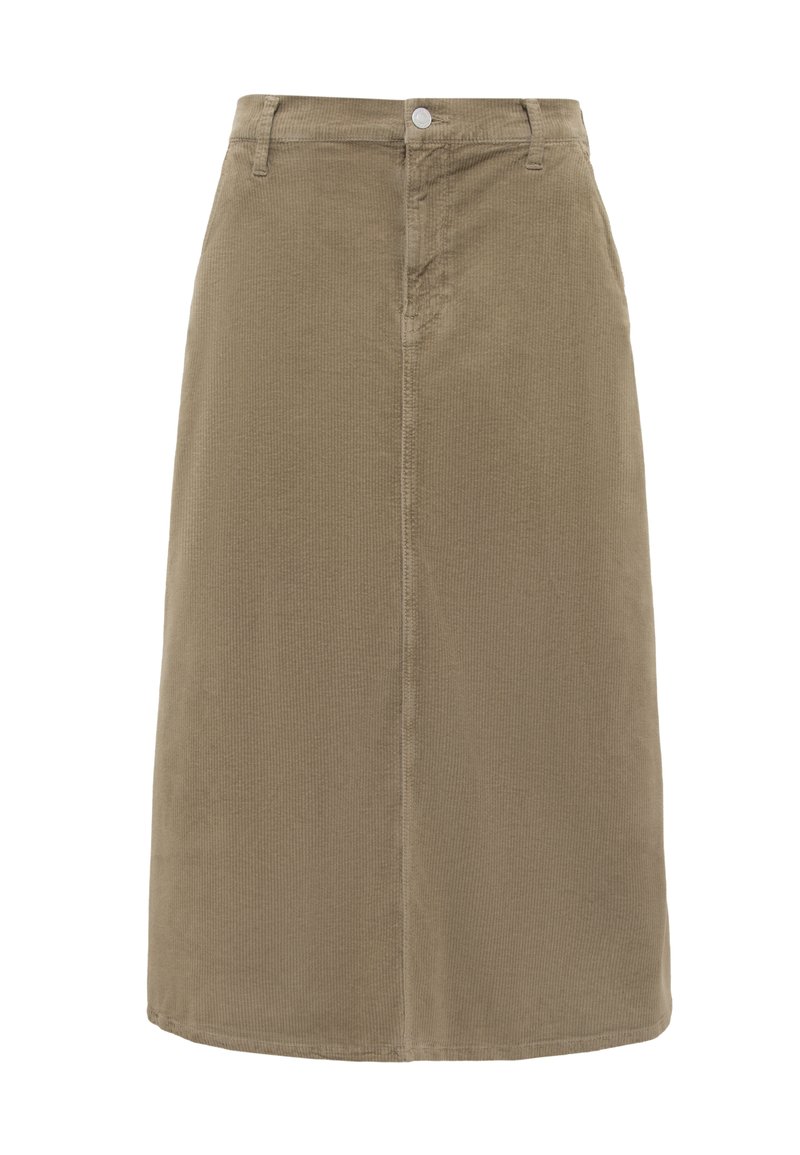 Knee-length, straight-cut corduroy skirt in beige with belt loops, front button, and seam detail down the center.