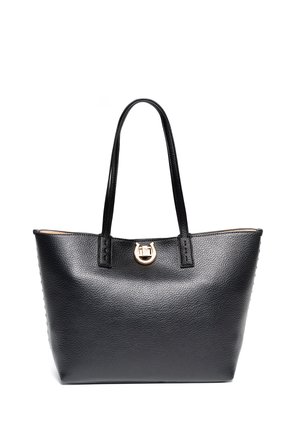 Borsa tote in pelle nera con finitura texture, doppi manici e una accentatura in metallo dorato alla chiusura. Interno spazioso senza scomparti.