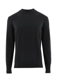 Schwarzer Pullover aus feinem Strickmaterial, mit hohem Kragen, langen Ärmeln und gerippten Bündchen und Saum. Glatte, gleichmäßige Textur.