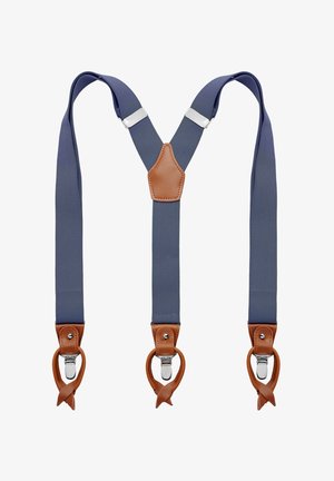 Bretelle blu navy realizzate in tessuto testurizzato con dettagli in pelle marrone e clip in metallo argentato, disposte a forma di 'M'.