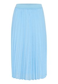 Vaaleansininen laskostettu hame, jossa on ribbauskangasta oleva elastinen vyötärö. Kangas on pehmeää ja se ulottuu juuri polven alapuolelle, ja siinä on tasaiset pystysuorat laskokset.