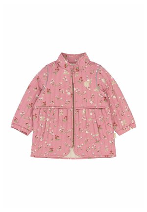 Rosa quilted jakke med blomster mønstre i rød og hvid, en lynlåsåbning foran og en høj krave. Inkluderer sidelommer og elastiske manchetter.