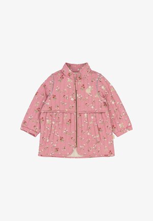 Vaaleanpunainen tikattu takki, jossa on punaisista ja valkoisista kukkakuviosta, vetoketjukiinnitys ja korkea kaulus. Takissa on sivutaskut ja joustavat hihansuut.