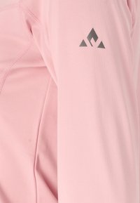Helles rosa langärmliges Oberteil aus glattem, dehnbarem Material. Mit grauem Logo, das auf dem linken Ärmel aufgedruckt ist, und sichtbaren flachen Nähten.