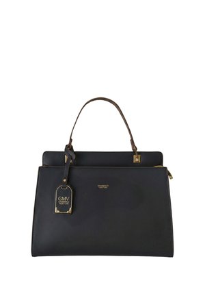 Schwarze Lederhandtasche mit einem braunen Griff, goldener Hardware sowie Gianmarco Venturi Logo und Etikett auf der Vorderseite.