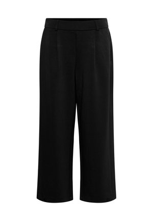 Pantalons culottes noirs en tissu lisse, présentant une taille ajustée, des plis et une coupe évasée. Comprend deux poches latérales et des accents en bouton.