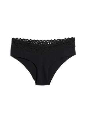 Black bikini underwear with a lace trim waistband, featuring a smooth, stretchy fabric and a simple, classic design.