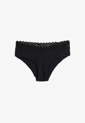 Black bikini underwear with a lace trim waistband, featuring a smooth, stretchy fabric and a simple, classic design.