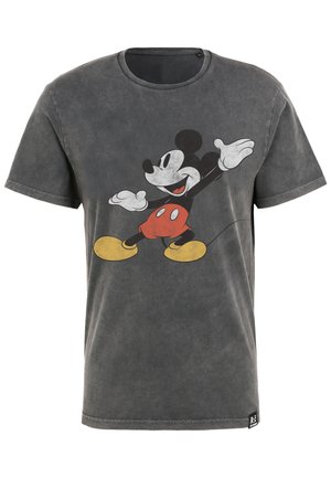 Grafisk t-shirt i blekt mörkgrå bomull, med en vintage-stil Mickey Mouse-tryck i svart, rött och gult. Kortsleeves och rundad hals.