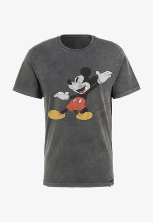 Grijze graphic t-shirt van vervaagde katoen, met een vintage-stijl Mickey Mouse afdruk in zwart, rood en geel. Korte mouwen en ronde hals.