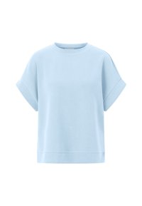 Light blue short-sleeve sweatshirt made of soft fabric with a relaxed fit, round neckline, and stitched hem accents.