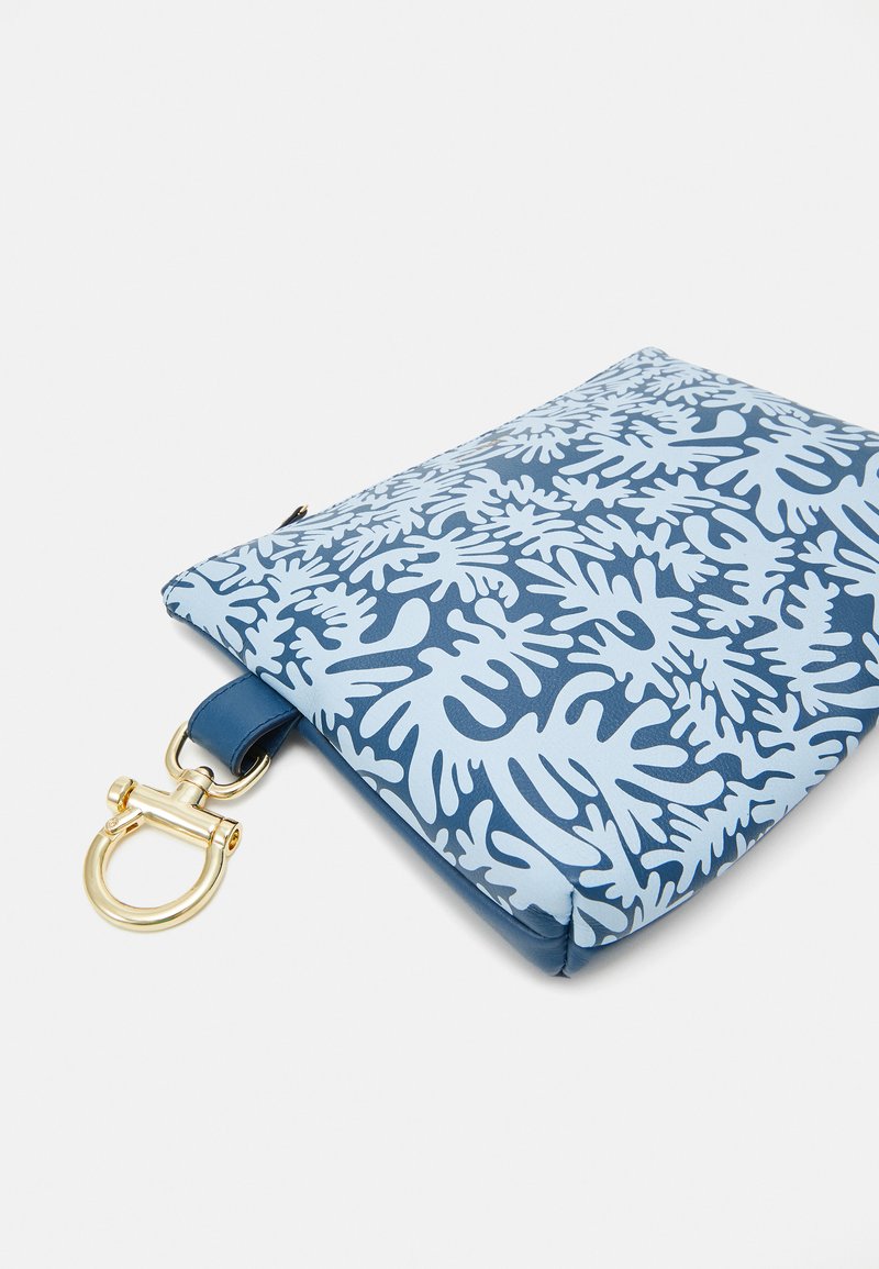 Blue and light blue pouch with coral pattern, made of synthetic material, featuring a gold-tone hardware loop for attachment.