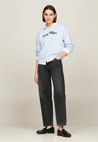 Felpa azzurra con logo nero "Tommy Hilfiger". Abbinata a jeans a gamba larga grigi scuri e mocassini neri. Sfondo neutro.